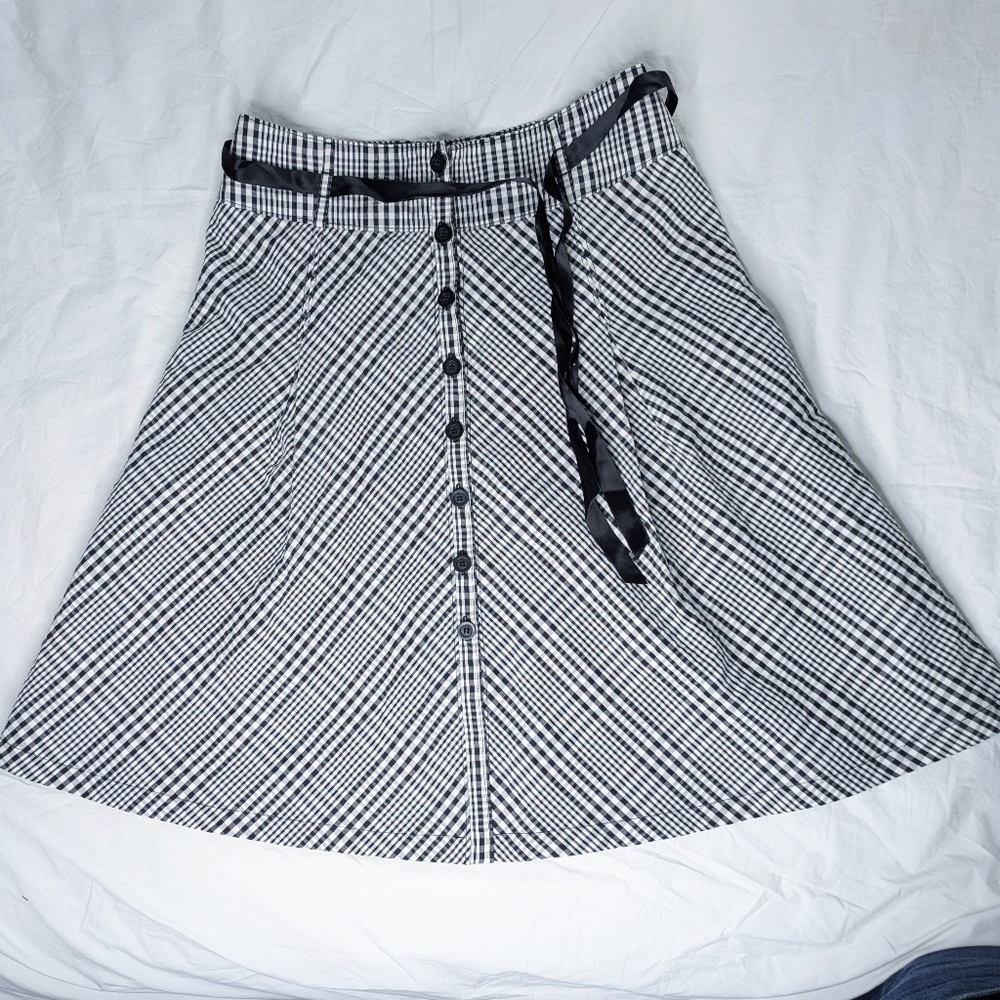 Nygard Black and White Plaid Women's A-line, Button Front Midi Skirt